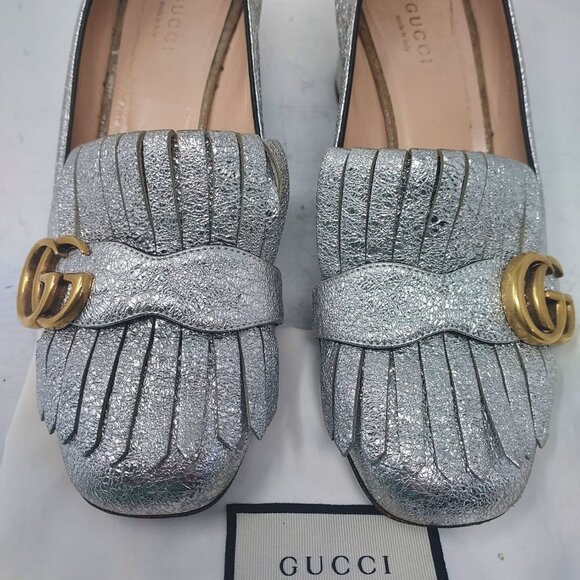 Gucci Marmont Silver Metallic GG Heel Loafer Pump - Picture 7 of 13